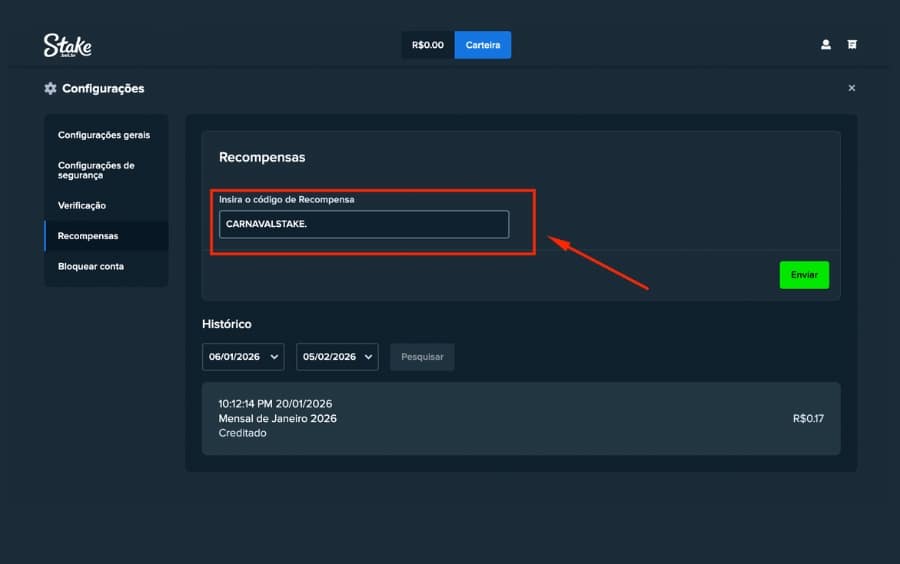 Área de recompensas da Stake mostrando a inserção do código CARNAVALSTAKE para participar do Carnaval de Giros Stake.