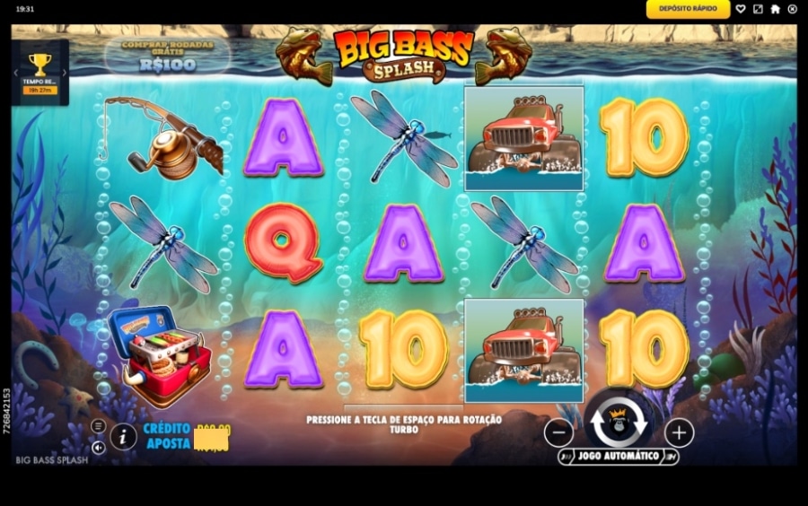 Slot Big Bass Splash aberto com rodada ativa em jogo qualificado da campanha Drops & Wins na PlayUZU.