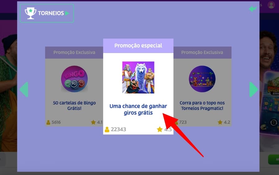 Menu “Surpresas” no PlayUZU destacando a promoção “Uma chance de ganhar giros grátis”.