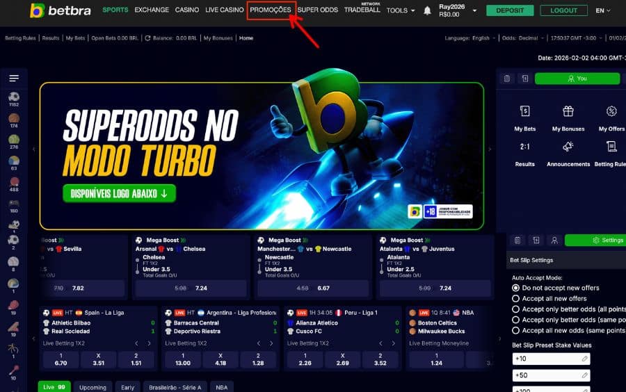 Menu do site Betbra destacando a aba Promoções para acessar os bônus