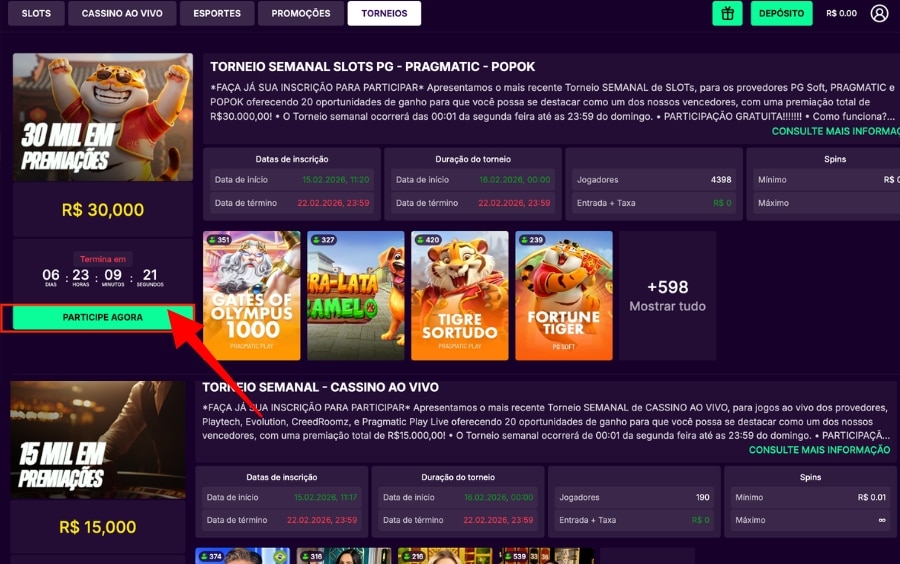 Botão verde “PARTICIPE AGORA” do Torneio Semanal MáximaBet na página de torneios.