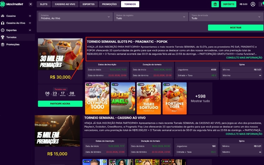 Aba de Torneios destacando o Torneio Semanal MáximaBet na plataforma.
