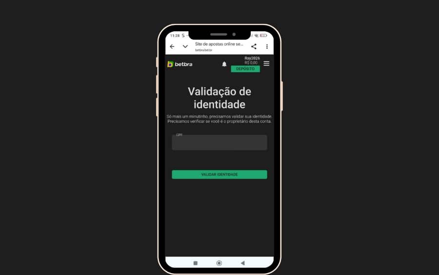 Tela de validação de identidade na Betbra solicitando confirmação do CPF para continuar o processo de verificação.