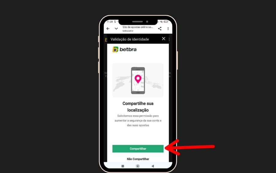 Betbra pede para compartilhar a localização; botão “Compartilhar” destacado para confirmar acesso em região permitida.