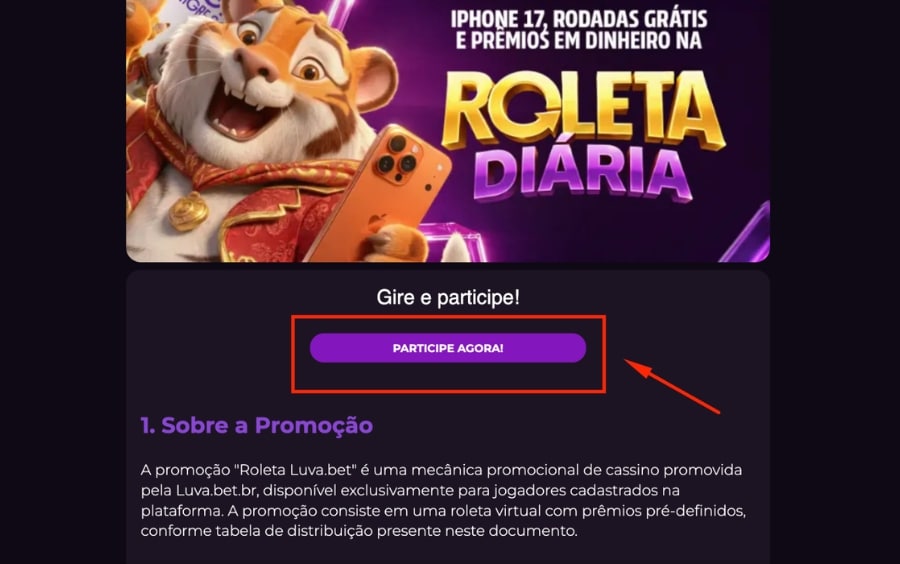 Página da Roleta Diária Luva.bet com botão Participe Agora para iniciar a participação na promoção.