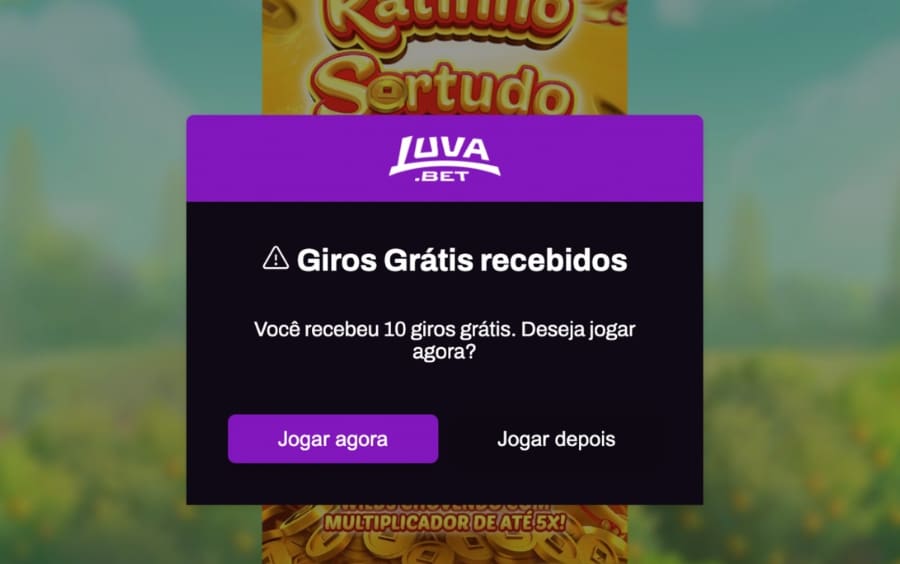 Resultado da Roleta Diária Luva.bet mostrando o recebimento de 10 giros grátis com opção de jogar agora ou depois.