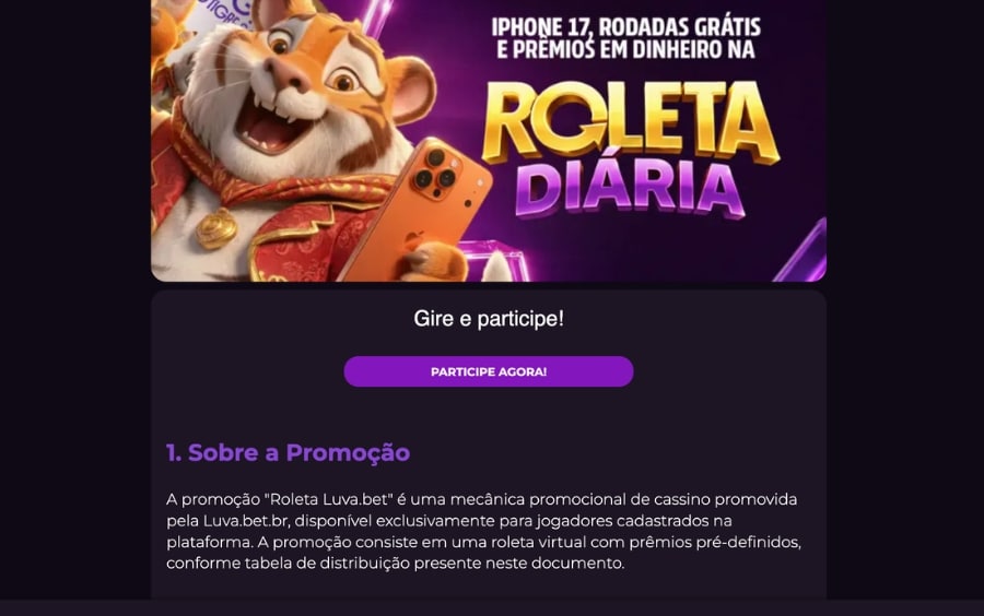 Página oficial da promoção Roleta Diária Luva.bet com banner da oferta e detalhes iniciais antes da participação.