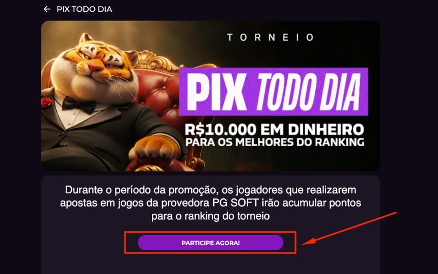 Página da promoção Pix Todo Dia Luva.bet com destaque para o botão “Participe Agora!” para entrar no torneio.