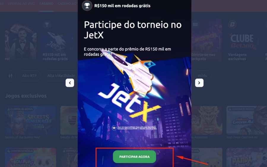 Tela da oferta Torneio JetX Betano com botão Participar Agora para acessar a promoção.