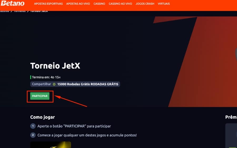 Página do Torneio JetX Betano com botão Participar e informações iniciais da promoção.