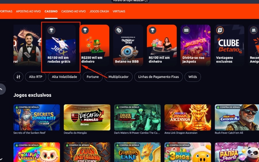 Card da promoção Torneio JetX Betano na área de cassino com destaque para R$150 mil em rodadas grátis.