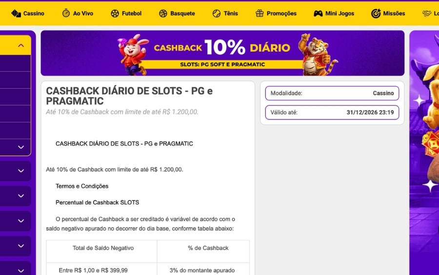 Página da oferta Cashback Diário de Slots Lance de Sorte com detalhes da promoção e condições do regulamento.