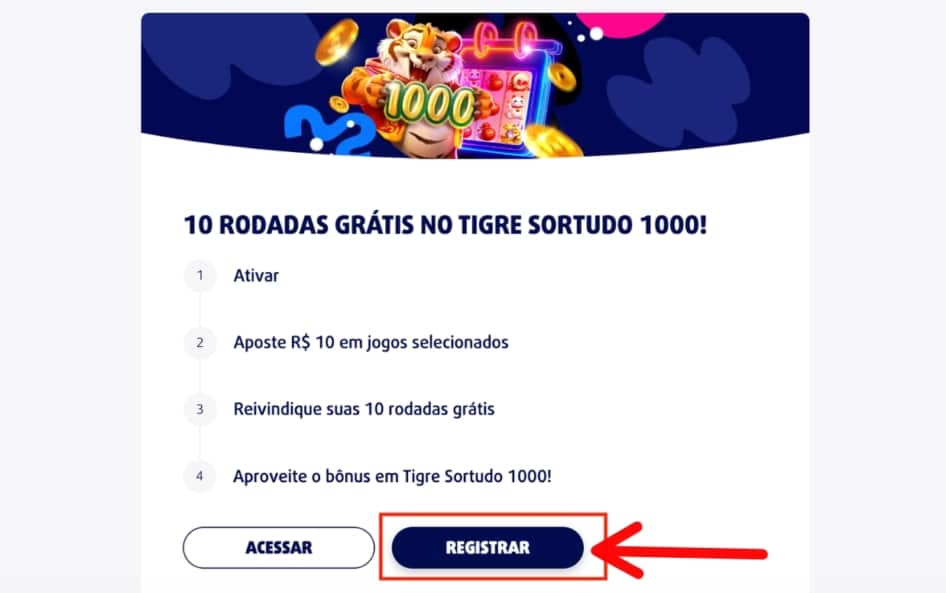 Tigre Sortudo 1000 Lottoland: página da promoção com botão “REGISTRAR” destacado para iniciar e ativar a oferta de rodadas grátis.