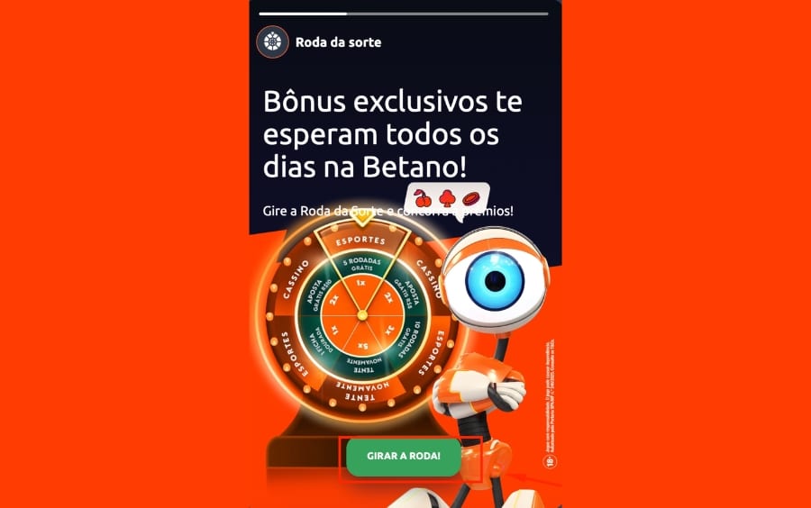 Tela da promoção Roda da Sorte Betano com apresentação da oferta e chamada para participar.