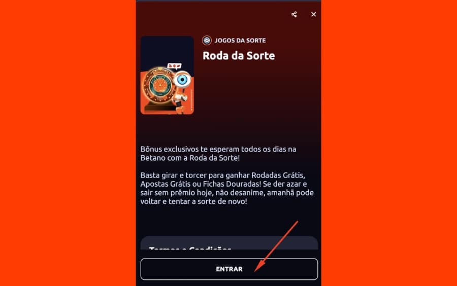 Página da promoção Roda da Sorte na Betano com botão Entrar para acessar a roleta.