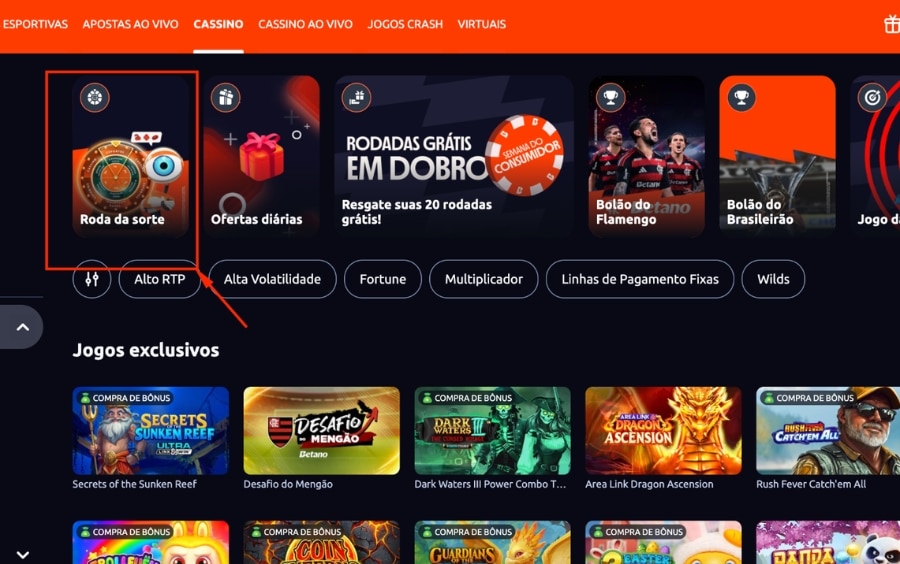 Área de cassino da Betano mostrando o card da promoção Roda da Sorte betano entre as ofertas disponíveis.