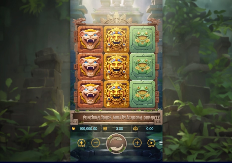 Tela do slot Incan Wonders com grade 3x3, símbolos de jaguar, ídolo do sol e sapo em cenário de selva.