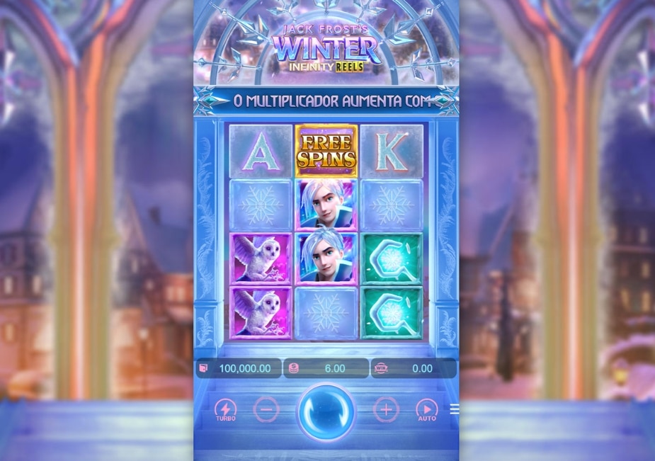 Tela do slot online Jack Frost’s Winter (Infinity Reels) com grade 3x4, símbolo Free Spins e ícones de cartas e flocos de neve.