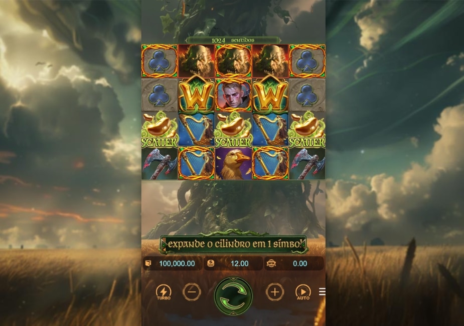 Tela do slot Jack the Giant Hunter em um celular, mostrando os rolos com símbolos, ícones Scatter e a mensagem “expande o cilindro em 1 símbolo”.