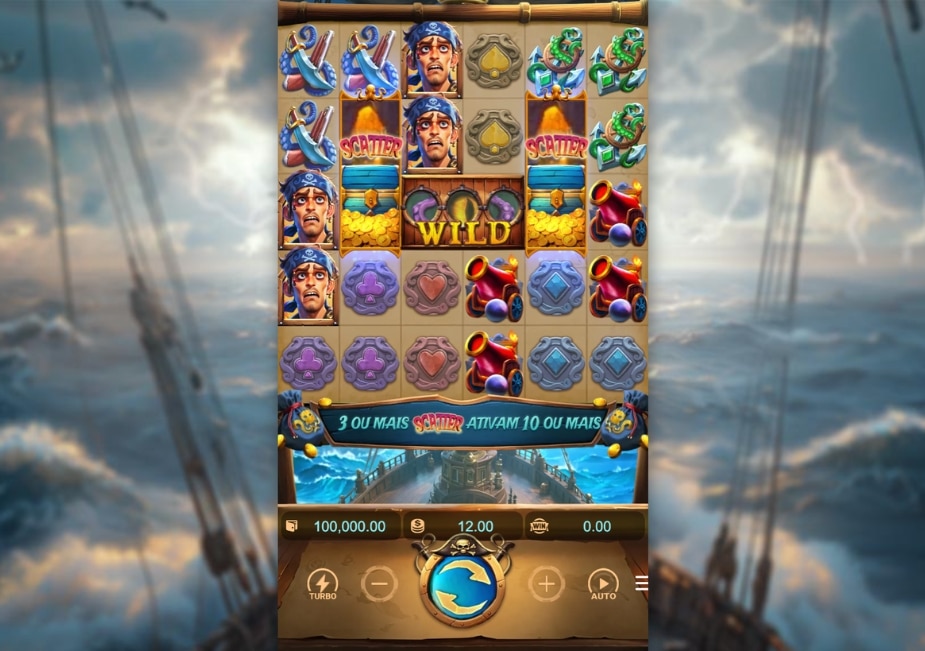 Tela do slot Kraken Gold Rush, mostrando símbolos Wild e Scatter e a mensagem “3 ou mais Scatters ativam 10 ou mais rodadas grátis”.