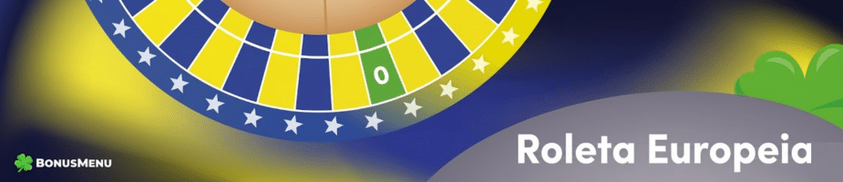 Ilustração da roleta europeia com roda de um zero e o título Roleta Europeia em destaque