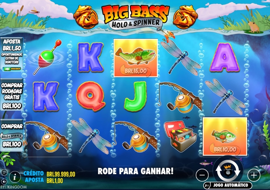 Tela do slot Big Bass Hold & Spinner em português, com símbolos de pesca e peixes com valores em dinheiro (BRL), além da opção de comprar rodadas grátis.