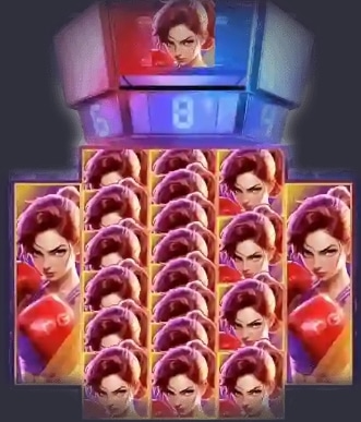 Símbolos empilhados no slot Knockout Riches, com vários símbolos da boxeadora preenchendo os rolos