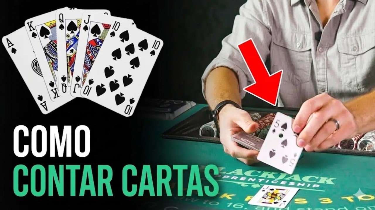 Imagem explicativa sobre contagem de cartas no blackjack, com cartas, dealer e mesa de cassino ao fundo.