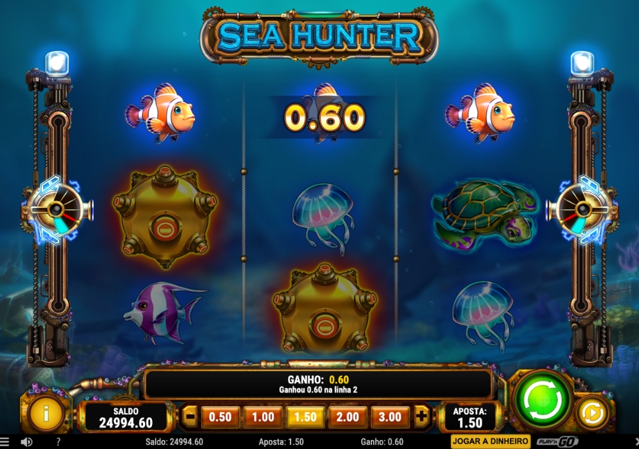 Tela do slot Sea Hunter com minas WILD, peixes, tartaruga e águas-vivas nos rolos.