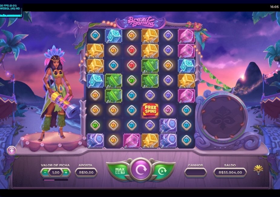 Slot Brazil Bomba com grade de símbolos coloridos e dançarina ao lado.