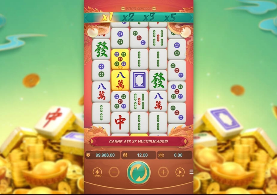 Tela do slot Mahjong Ways 2 com peças de Mahjong, multiplicadores no topo e interface de jogo da PG Soft