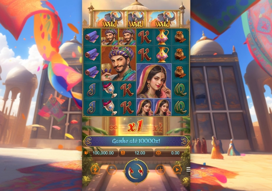 Tela do slot Majestic Empire com tema indiano, símbolos reais, WILDs no topo e multiplicador ativo