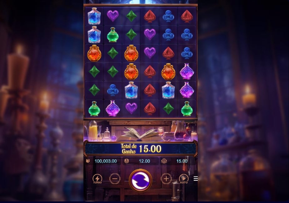 Tela do slot Mystic Potion com frascos coloridos, símbolos de naipes e visual de laboratório mágico