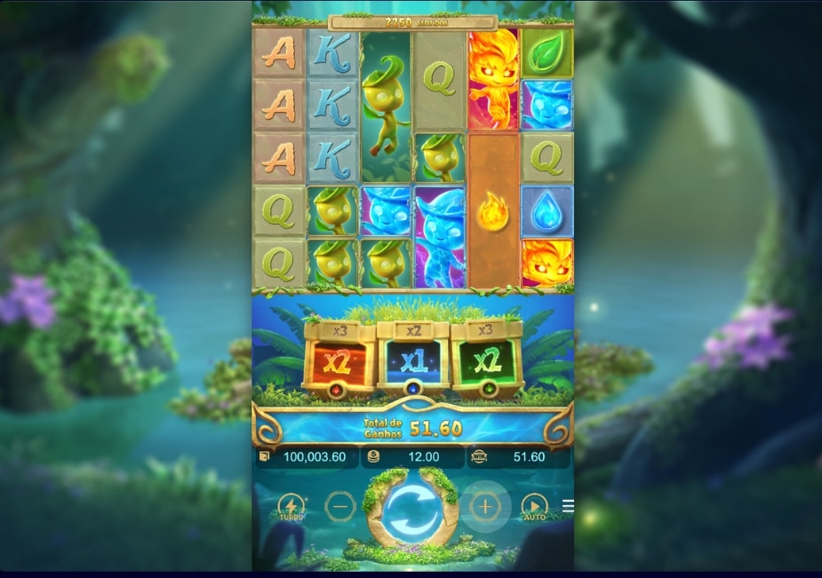 Interface do slot Mystical Spirits com símbolos elementais nos rolos, multiplicadores na parte inferior e vitória total exibida na tela.
