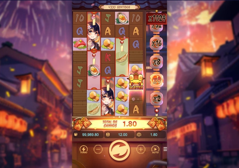 Interface do slot Oishi Delights com tema japonês, símbolos de comida e personagem, multiplicadores laterais e ganhos exibidos na tela.