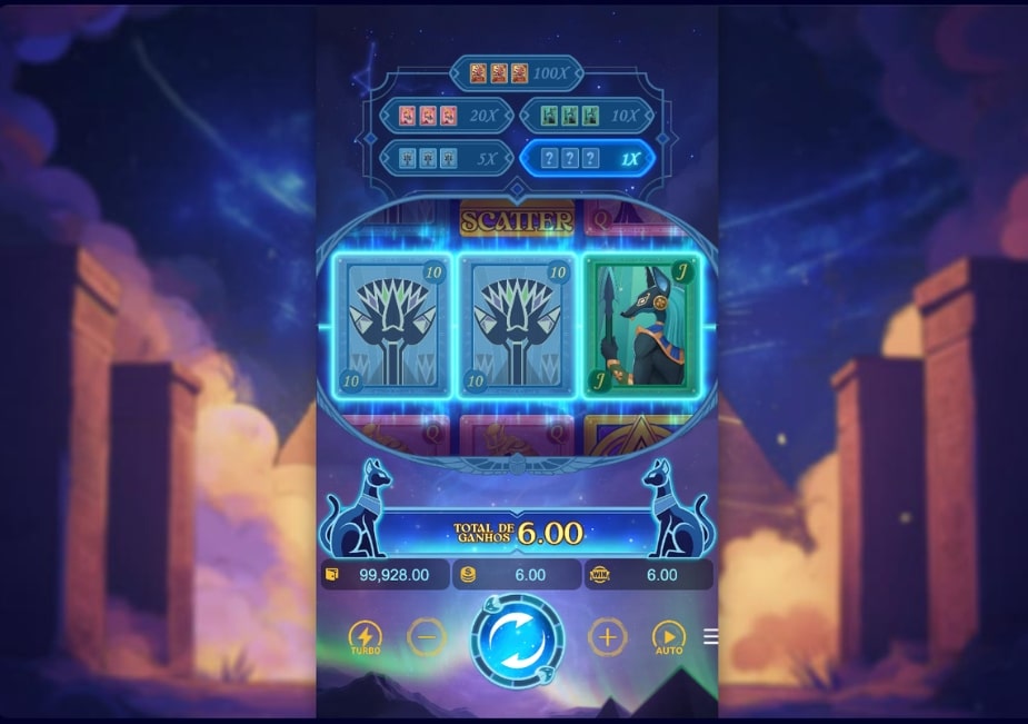 Tela do slot Pharaoh Royals com tema do Egito Antigo, mostrando três símbolos nos rolos, incluindo lótus e Anúbis, e ganho total de 6,00.