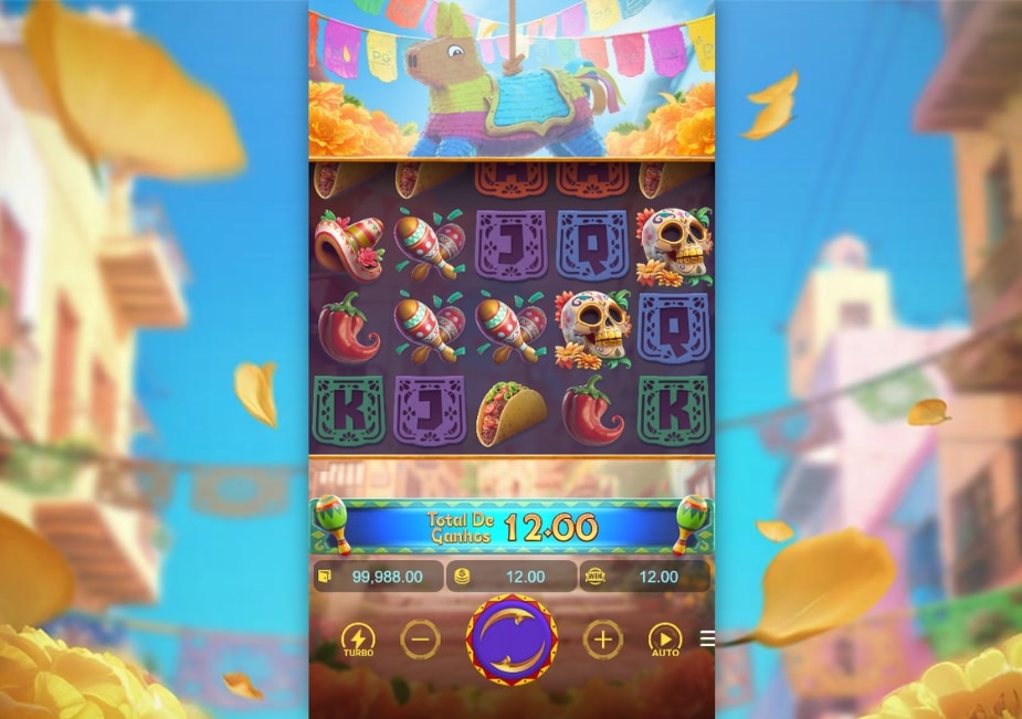 Slot Pinata Wins com símbolos mexicanos e ganhos na rodada.