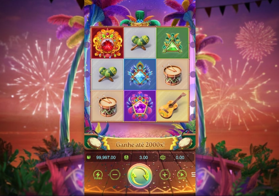 Slot Rio Fantasia da PG Soft com grade 3x3, símbolos de carnaval como maracas, tambor, violão e tiaras coloridas, com fogos de artifício ao fundo e destaque para prêmio de até 2000x.