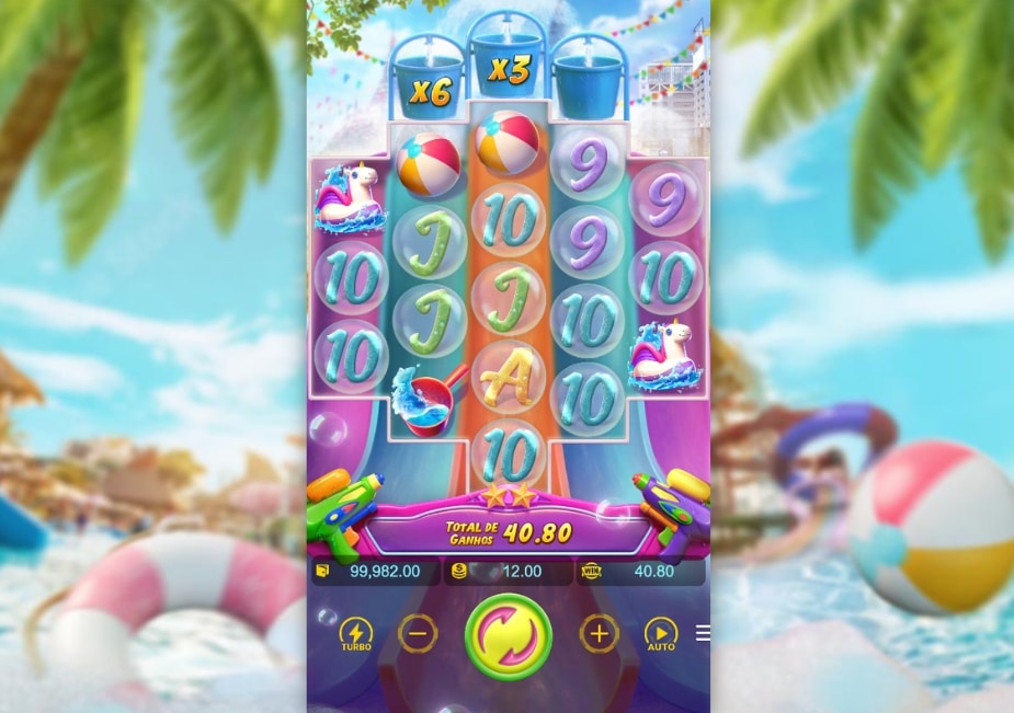 Tela do slot Songkran Splash com símbolos temáticos de praia, baldes multiplicadores no topo e ganho total de 40,80 em destaque.