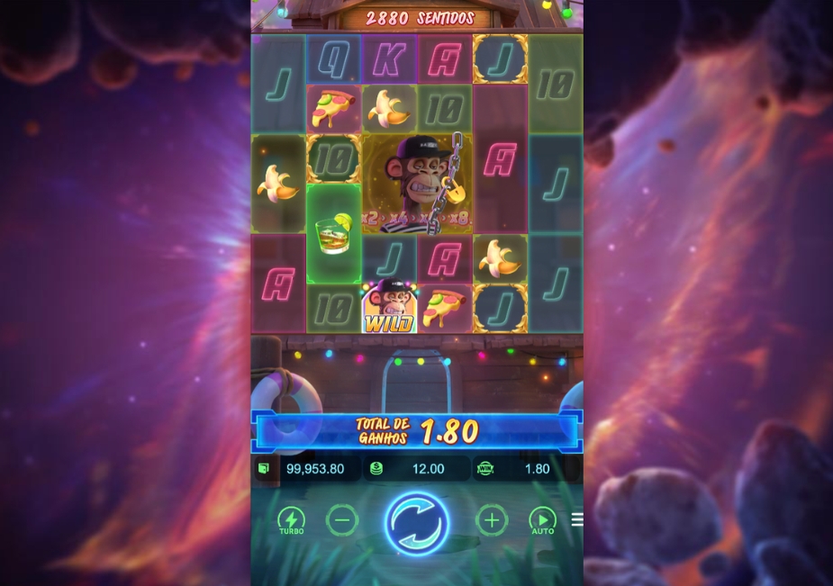 Tela do slot Wild Ape #3258 com personagem de macaco NFT, símbolo Wild, grade colorida e total de ganhos de 1,80 em destaque.