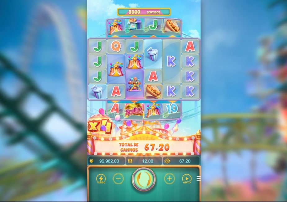 Tela do slot Wild Coaster com tema de parque de diversões, símbolos de circo e montanha-russa, área extra superior, símbolo Scatter e total de ganhos de 67,20 em destaque.