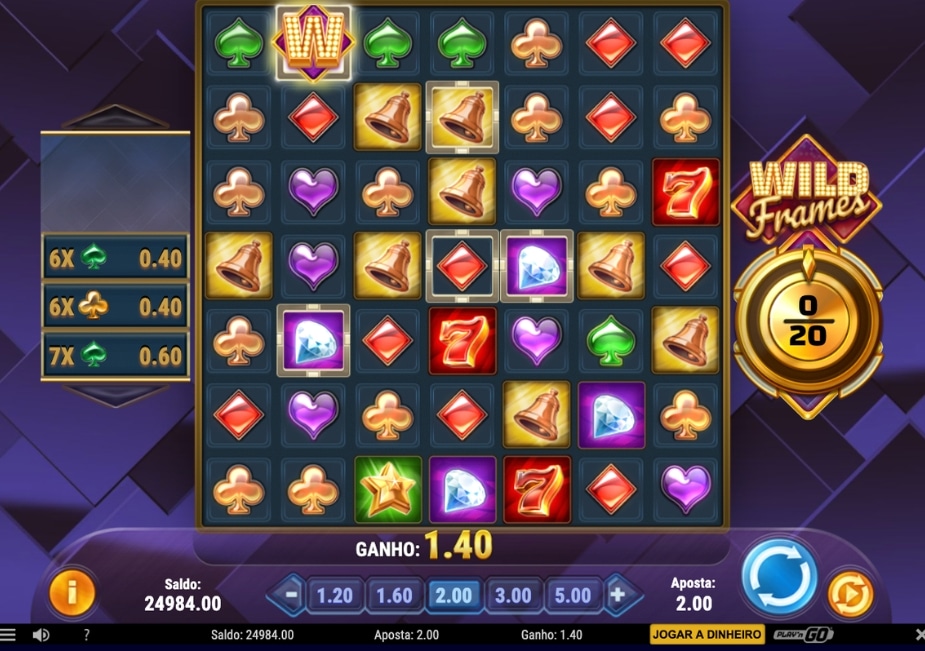 Tela do slot Wild Frames com grade 7x7, símbolos de frutas e cartas, mostrando ganho de 1.40 e medidor de Wild Frames ativo.