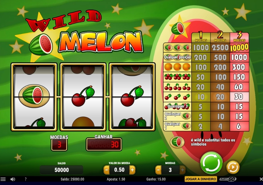 Tela do slot Wild Melon com três rolos, símbolos de frutas e tabela de pagamentos ao lado.