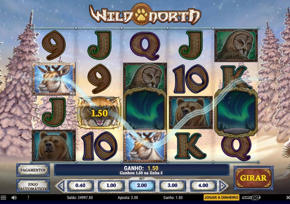Tela do slot Wild North com símbolos de animais, cenário de neve e linha de vitória destacada.