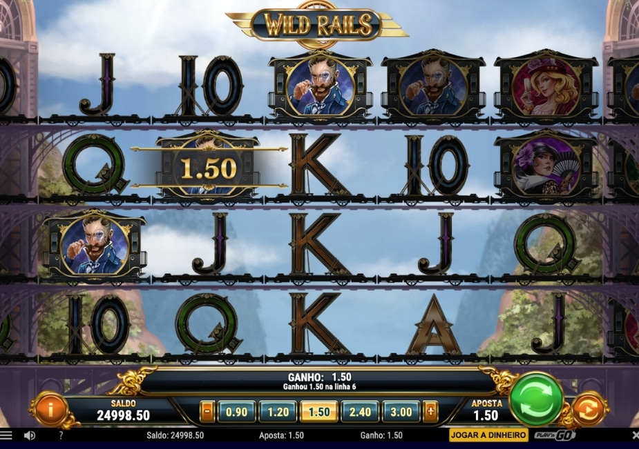 Tela do slot Wild Rails com símbolos em trilhos horizontais, personagens e letras, mostrando uma vitória de 1.50.