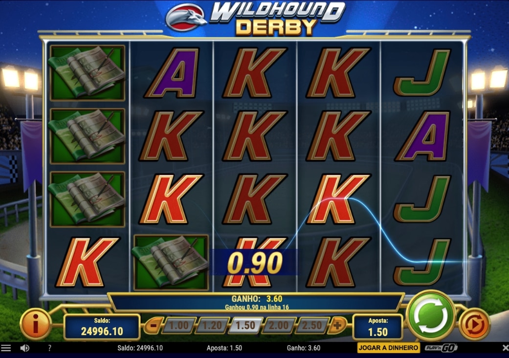 Tela do slot Wildhound Derby com rolos, símbolos de cartas, notas de dinheiro e linha de vitória destacada.