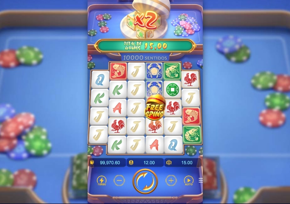 Tela do slot Win Win Fish Prawn Crab com símbolo Free Spins e ganho de 15,00.