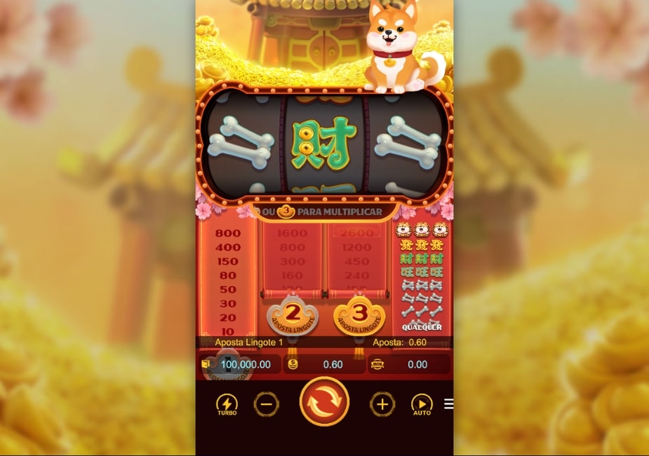 Tela do slot Win Win Won com cachorro no topo, símbolos de ossos e caractere chinês no centro dos rolos.