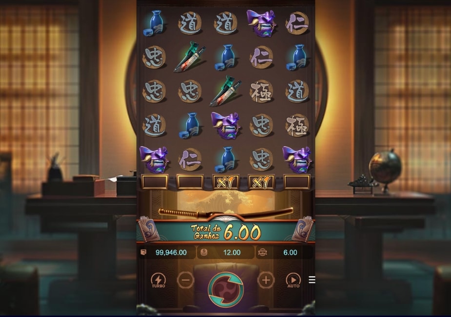 Tela do slot Yakuza Honor mostrando os símbolos no tabuleiro, uma vitória de 6,00 em destaque e o painel de aposta na parte inferior.