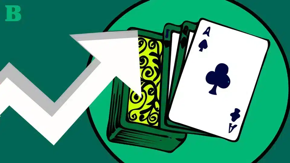 Ilustração de cartas de blackjack com seta para cima, representando diferentes variações do blackjack.